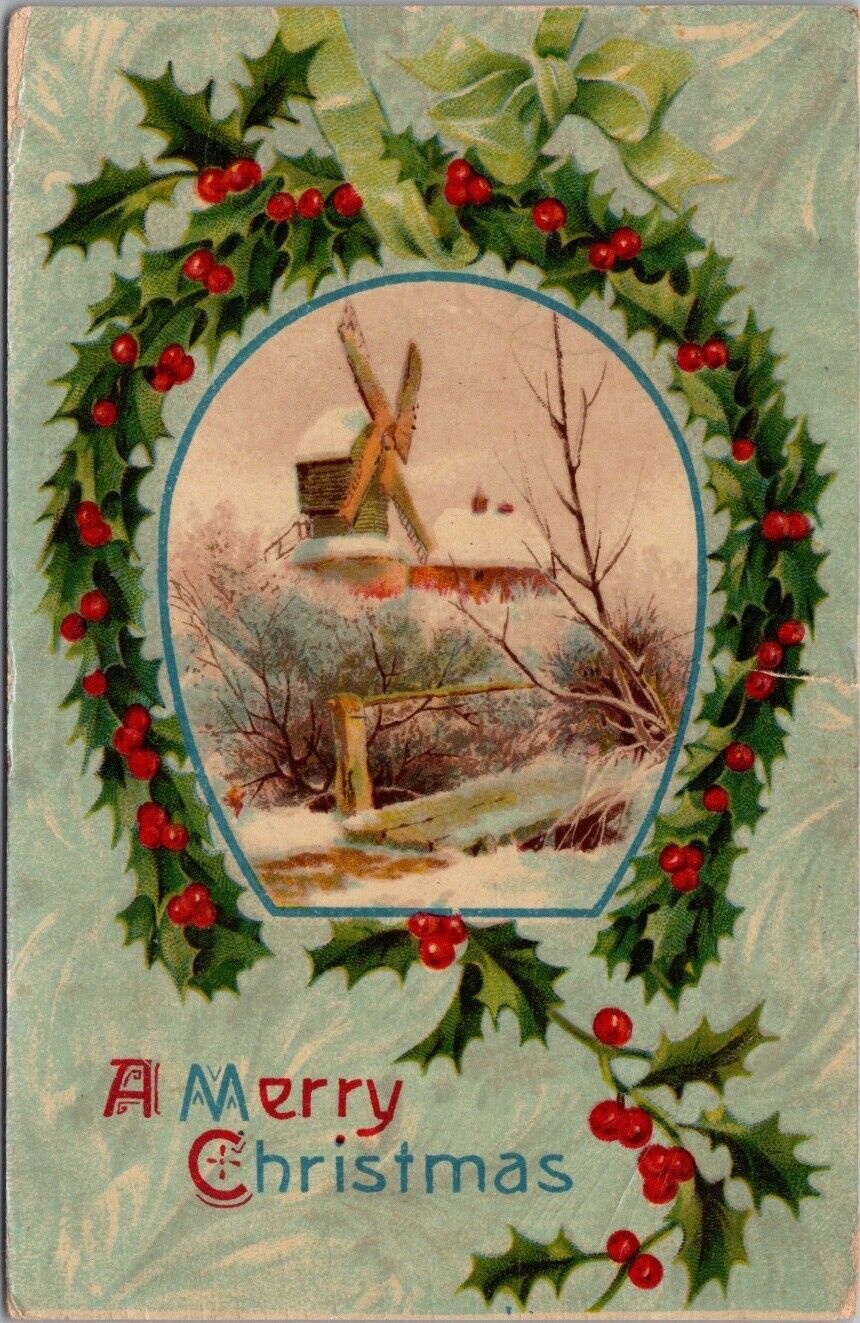 1911 MERRY CHRISTMAS Gel Postcard Winter Windmill Scene / Horseshoe Holly Border