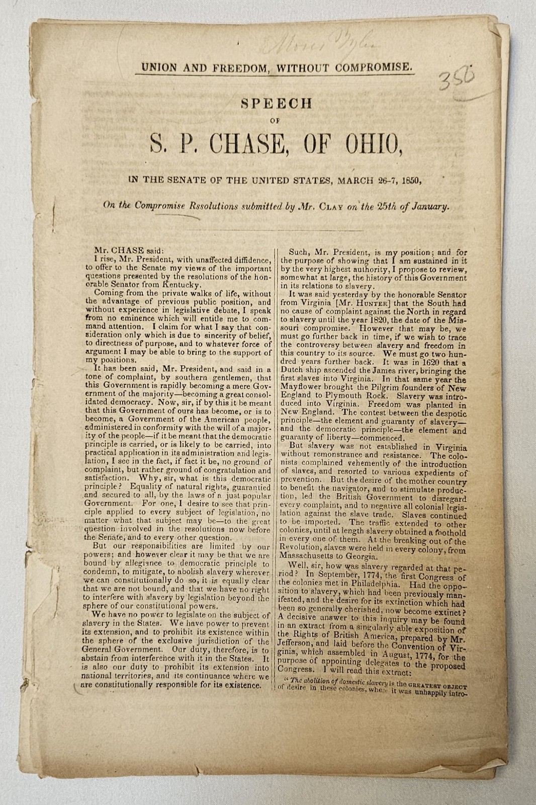 1850 Salmon P Chase Union & Freedom Slavery Compromise Henry Clay Speech