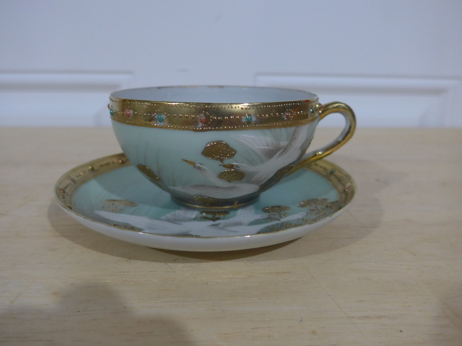 Vintage Japan NIPPON Jeweled Thick Gold Blue Teal Flying Geese Cup & Saucer Vintage Japan NIPPON Jeweled Thick Gold Blue Teal Flying Geese Cup & Saucer