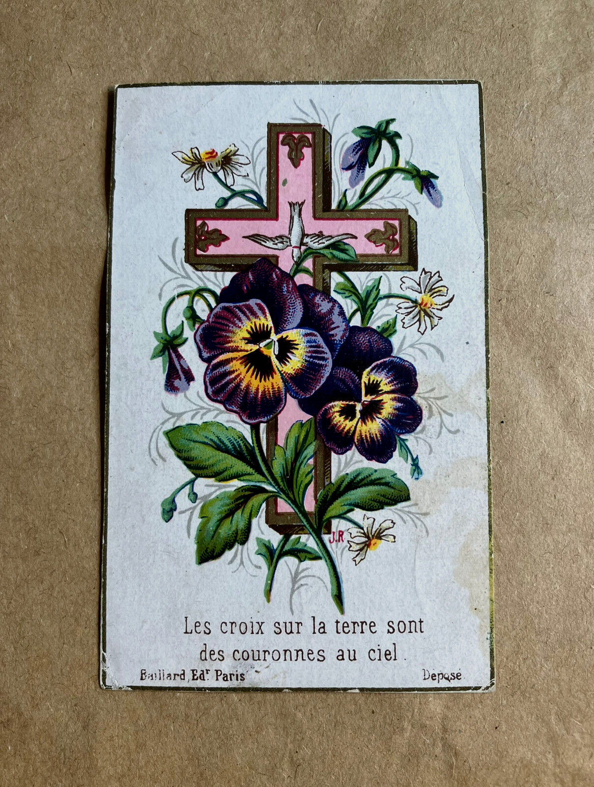 Vtg French Religious Catholic HOLY CARD Cross Pansies Prayer Les Croix Sur Terre