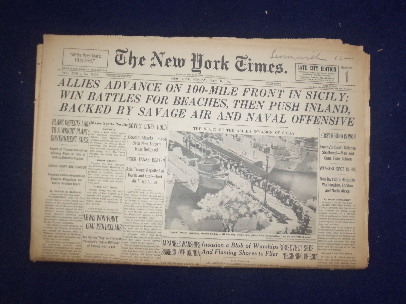 1943 JULY 11 NEW YORK TIMES -ALLIES ADVANCE ON 100-MILE FRONT IN SICILY- NP 6543