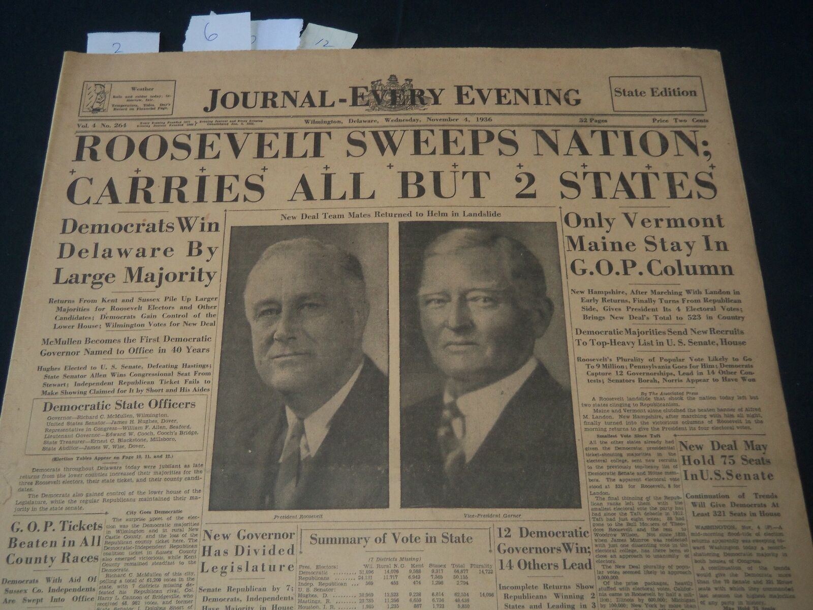 1936 NOV 4 WILMINGTON JOURNAL NEWS- ROOSEVELT CARRIES ALL BUT 2 STATES - NT 7235