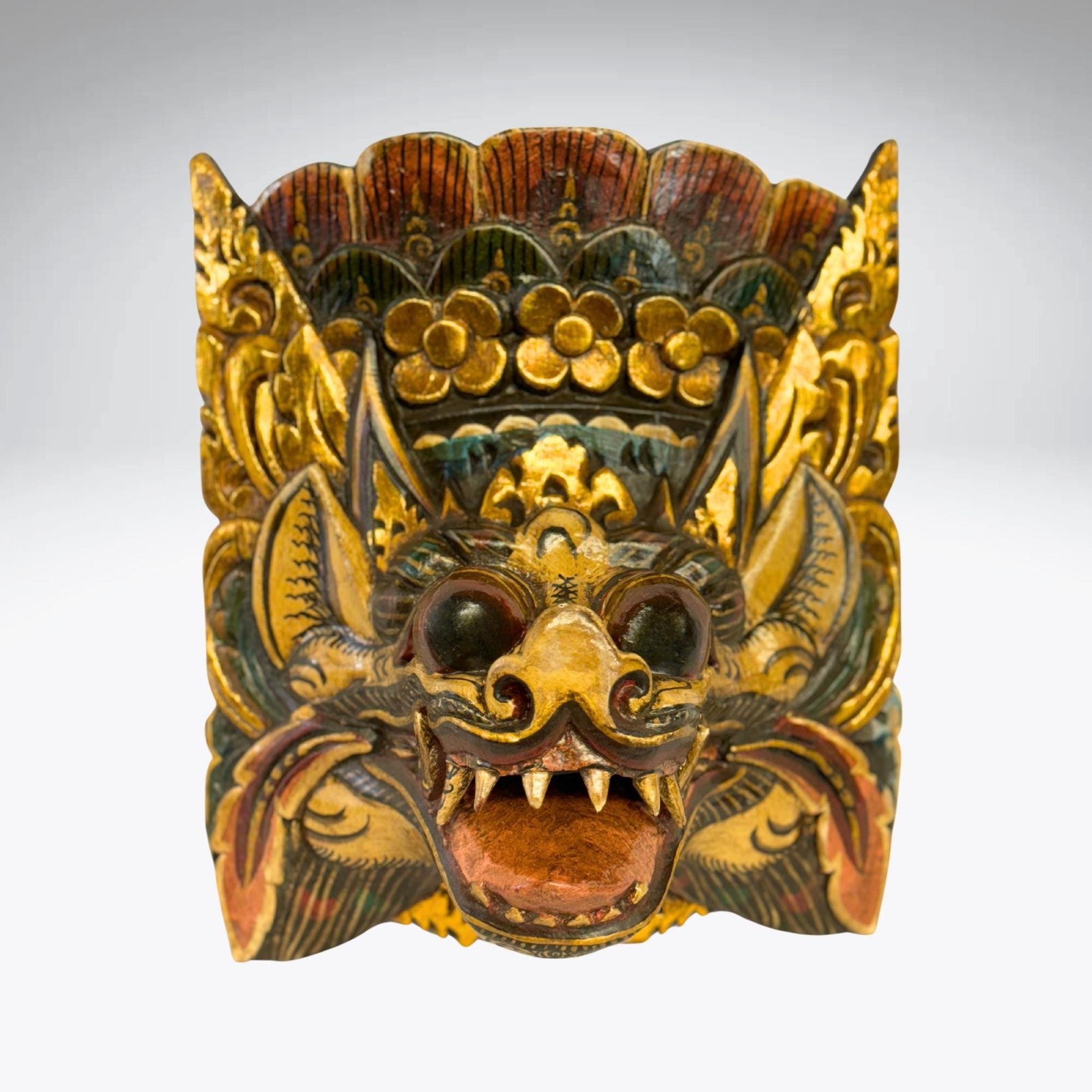 Balinese Barong Lion Mask: Hand Carved Polychrome Wood Wall Decor