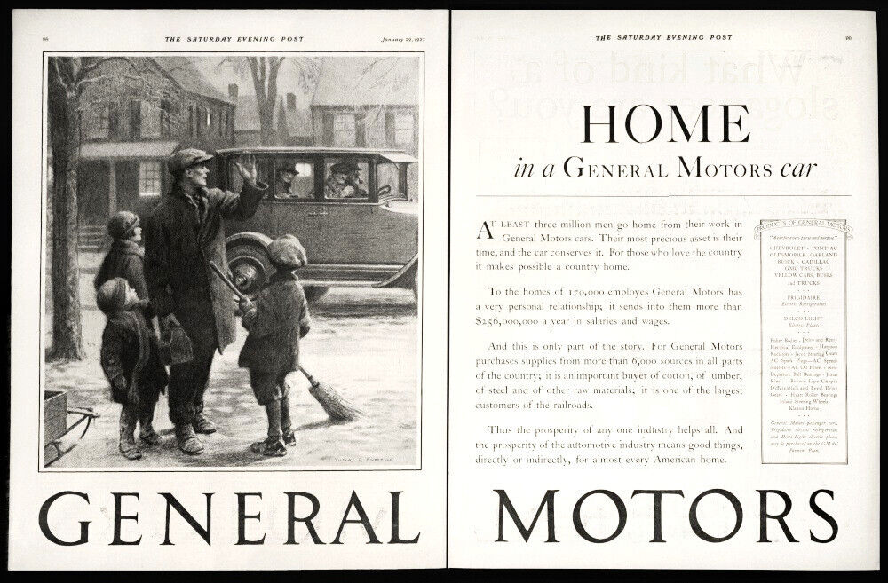 1927 GENERAL MOTORS Car Man Coming Home from Work ANDERSON Art 2-Pg Vtg PRINT AD