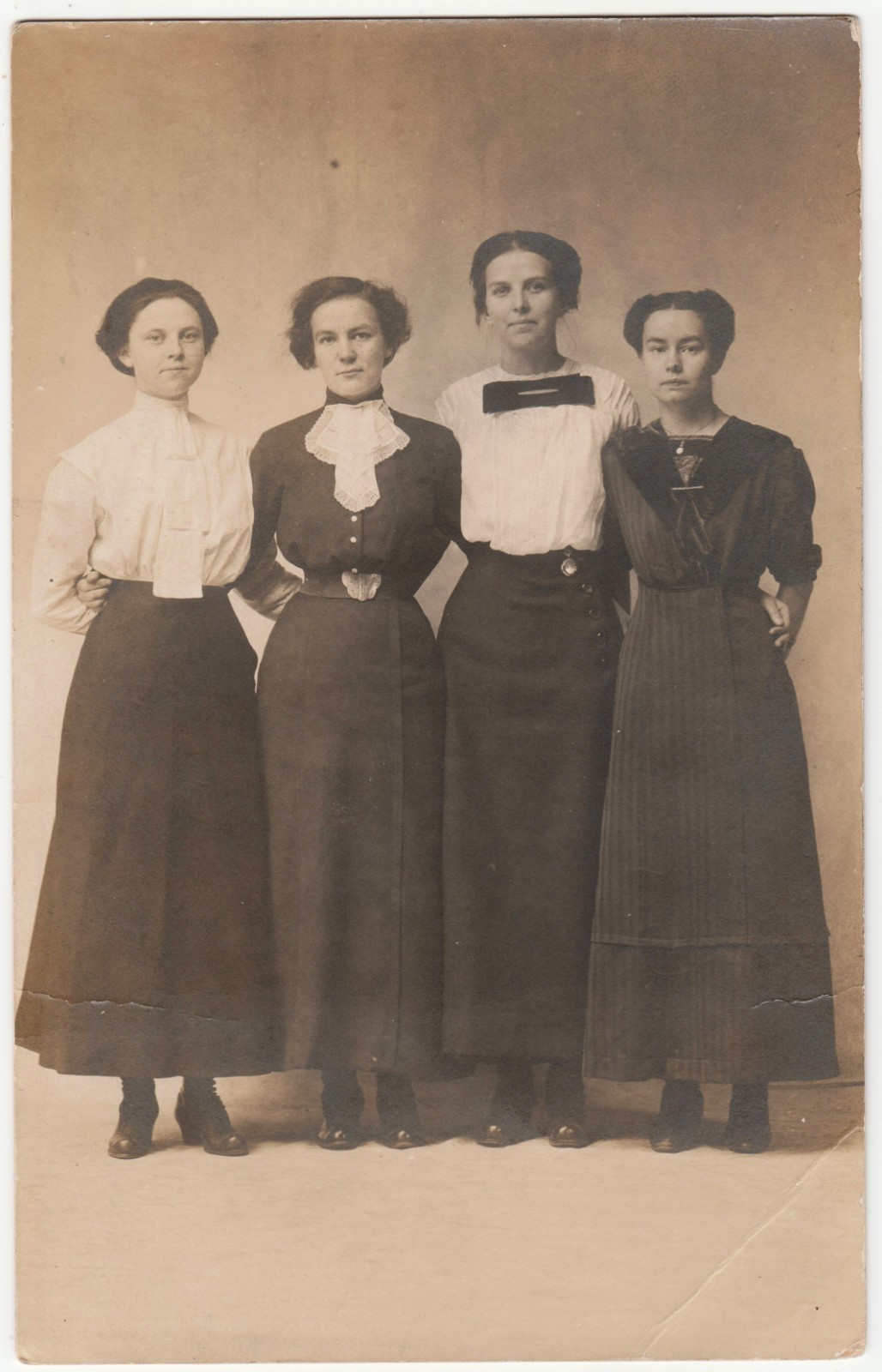 c1910 Four Women Friends Arm in Arm Edwardian Fashion RPPC Real Photo Postcard