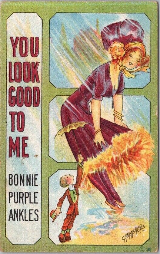 1912 Artist-Signed CARMICHAEL Postcard YOU LOOK GOOD TO ME Bonnie Purple Ankles
