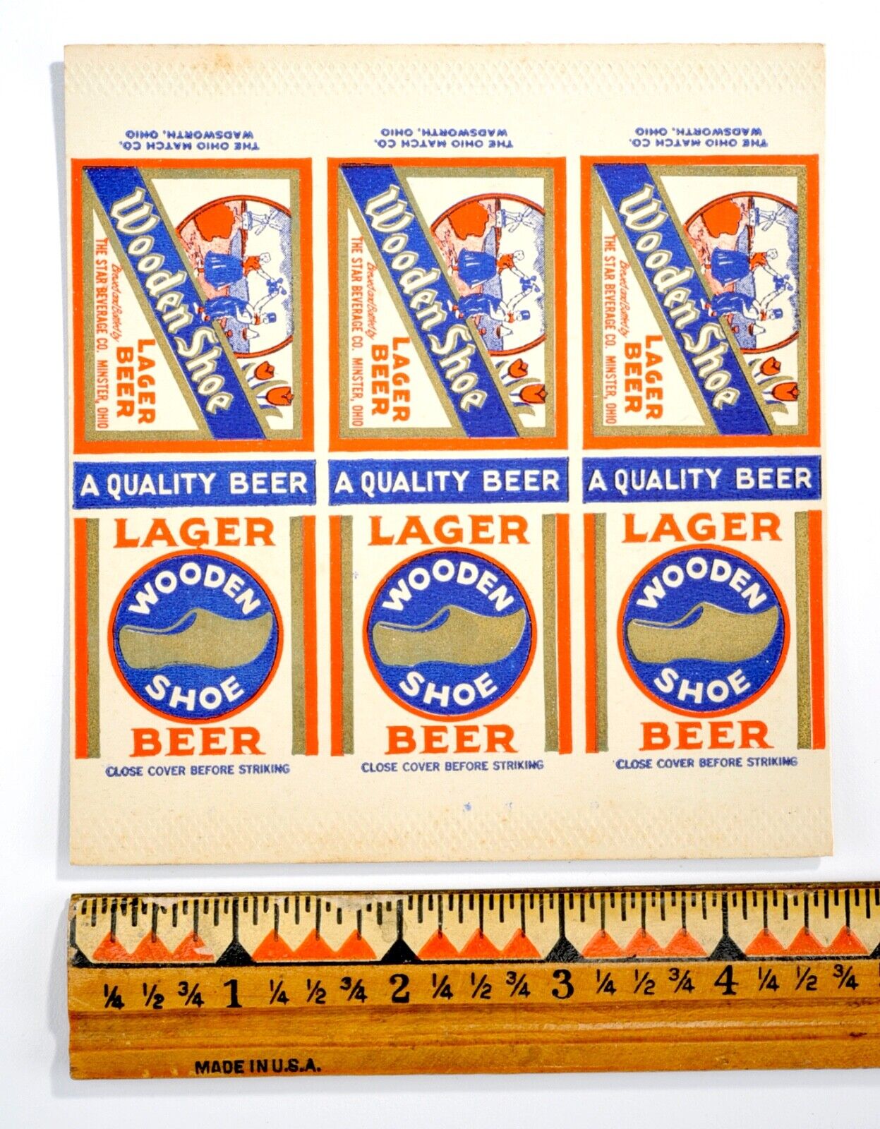 Vintage 1930s Matchbook Wooden Shoe Lager Beer Star Beverage Co. Minster, OH #18