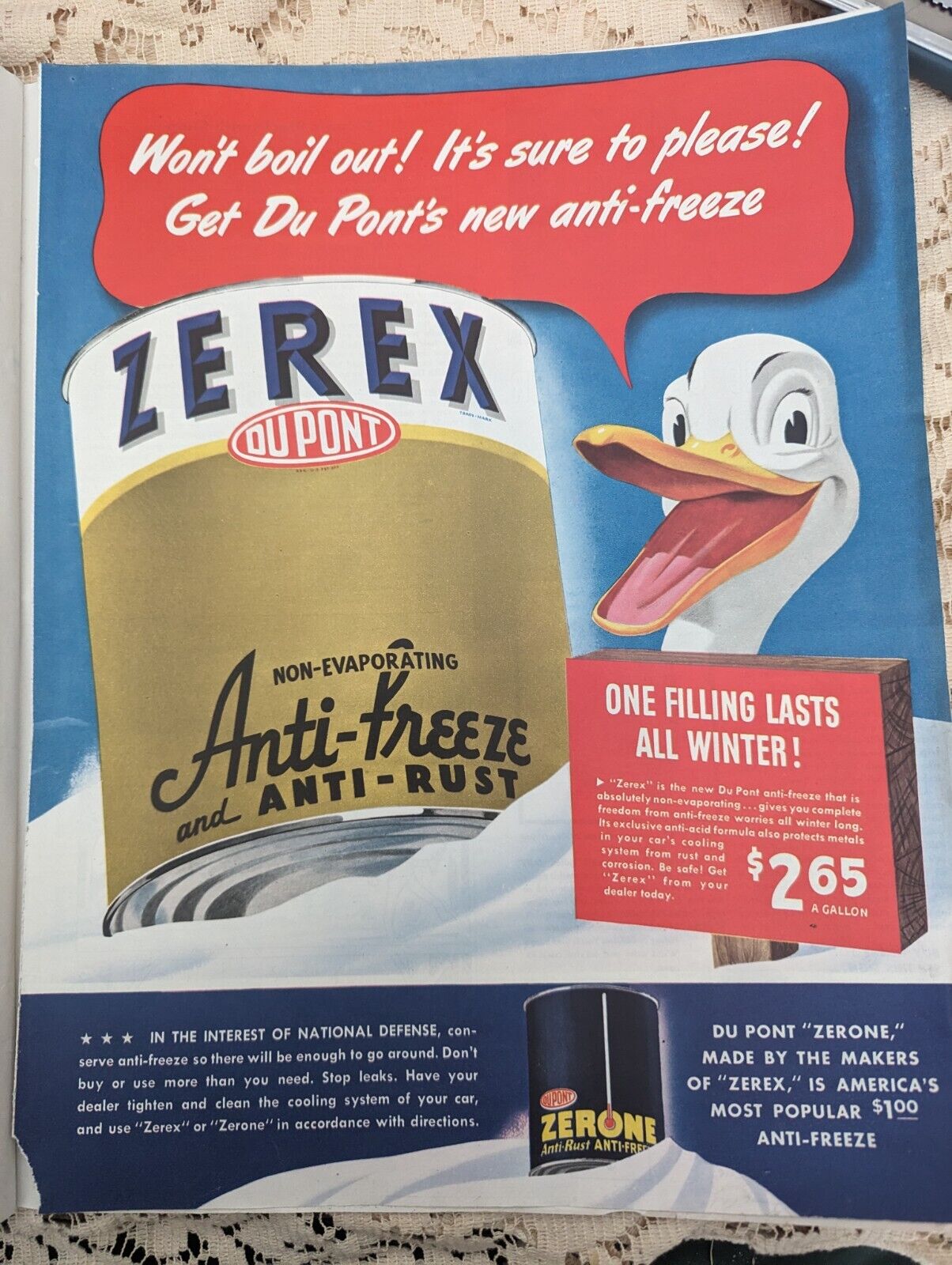 Large Vintage 1941 Magazine Ad Advertising Zerex DuPont Anti-freeze Duck