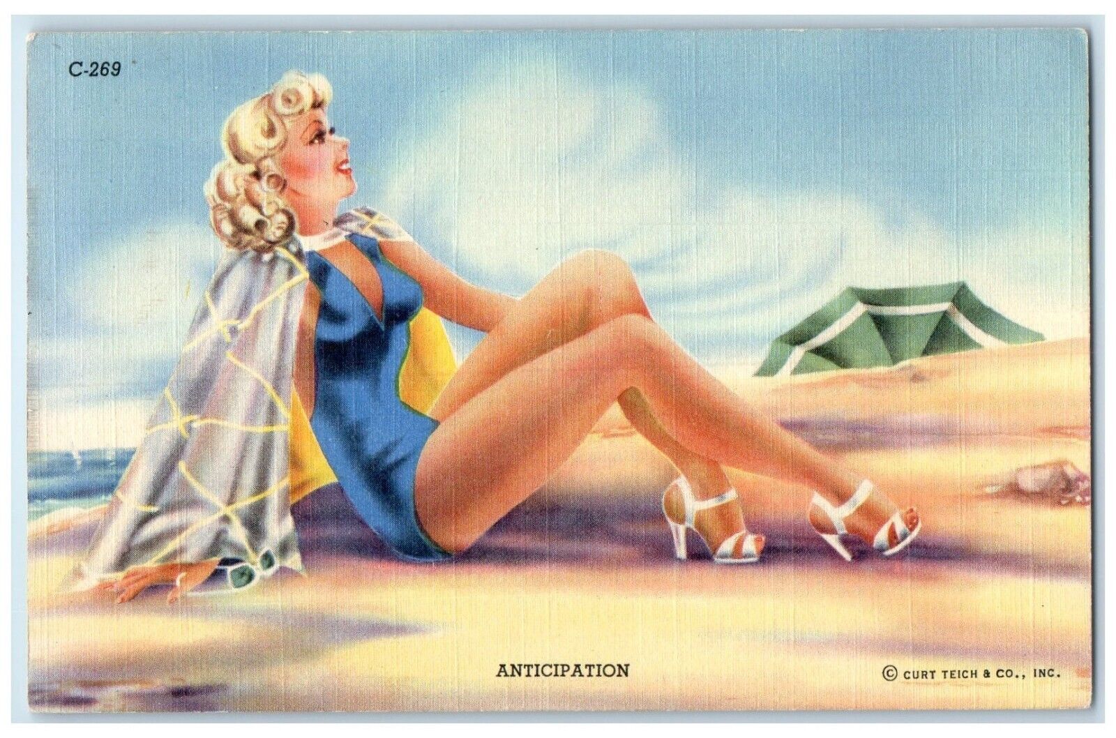 c1930\'s Pretty Woman Swimsuit Beach Scene Anticipation Unposted Vintage Postcard