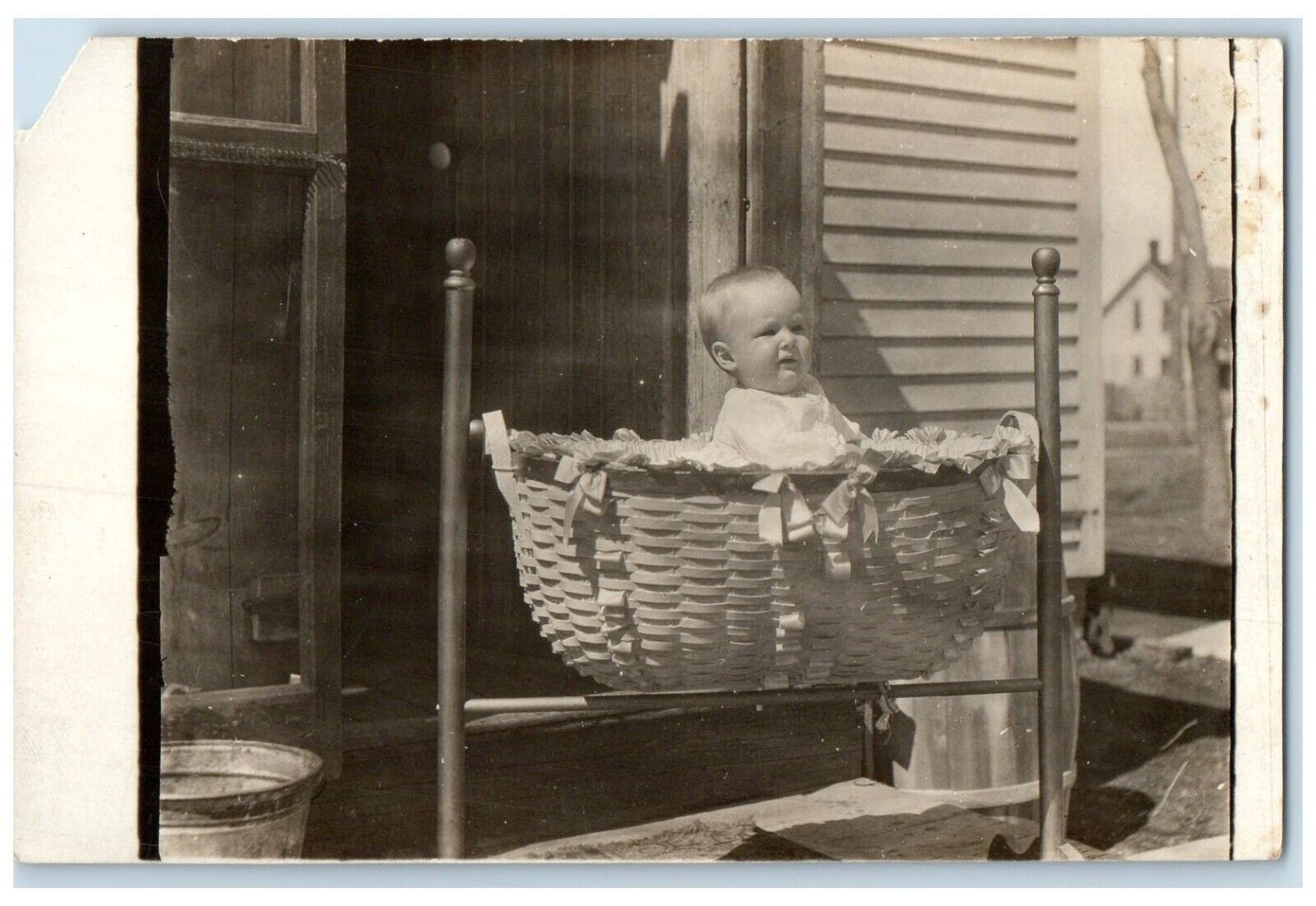 c1910's Cute Baby Girl In Basket RPPC Photo Unposted Antique Postcard