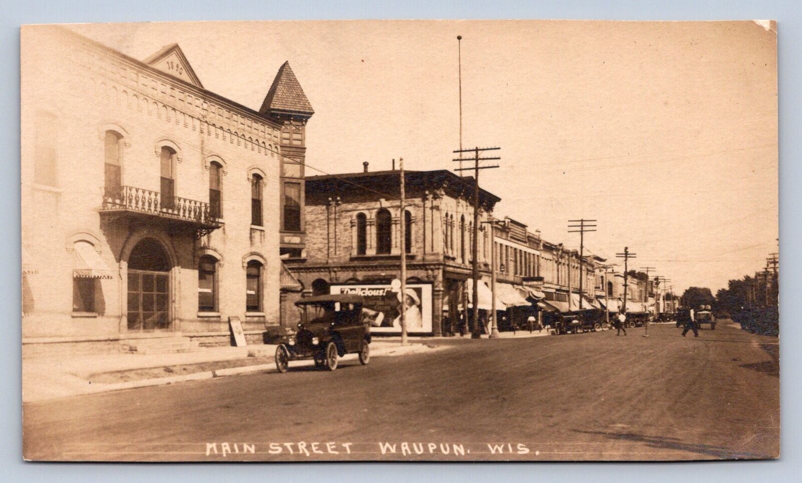 J90/ Waupon Wisconsin RPPC Postcard c1910 Main Street Stores Autos 726
