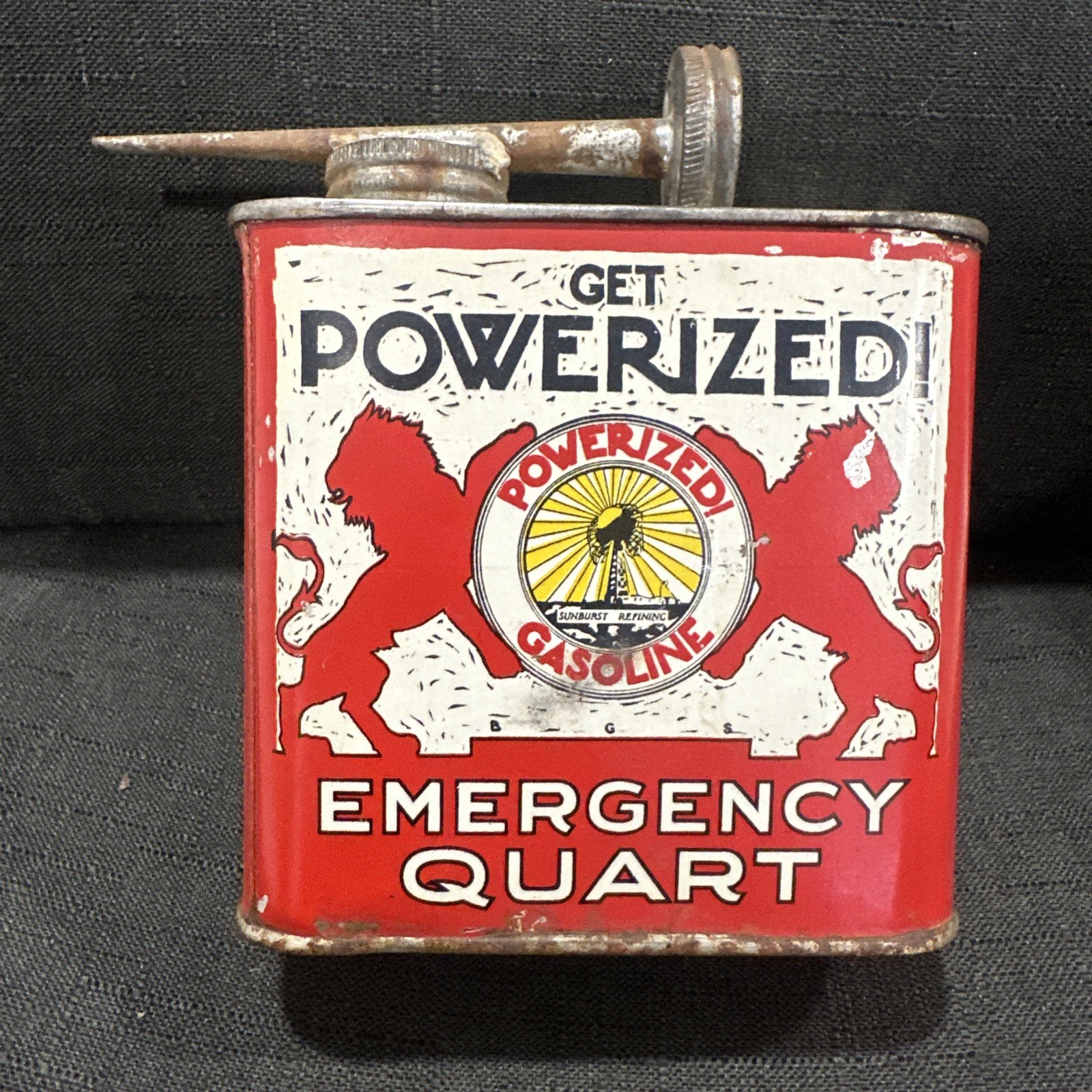 Vintage 1940’s Powerized Gasoline Emergency Quart Oil Can Sunburst Montana Rare Vintage 1940’s Powerized Gasoline Emergency Quart Oil Can Sunburst Montana Rare