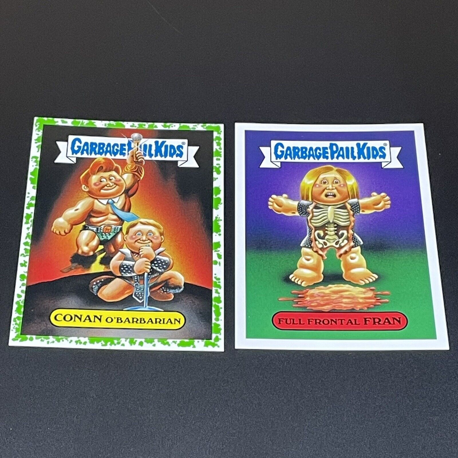 Garbage Pail Kids 2a Conan O\'Barbarian and 3a Full Frontal Fran GPK Stickers