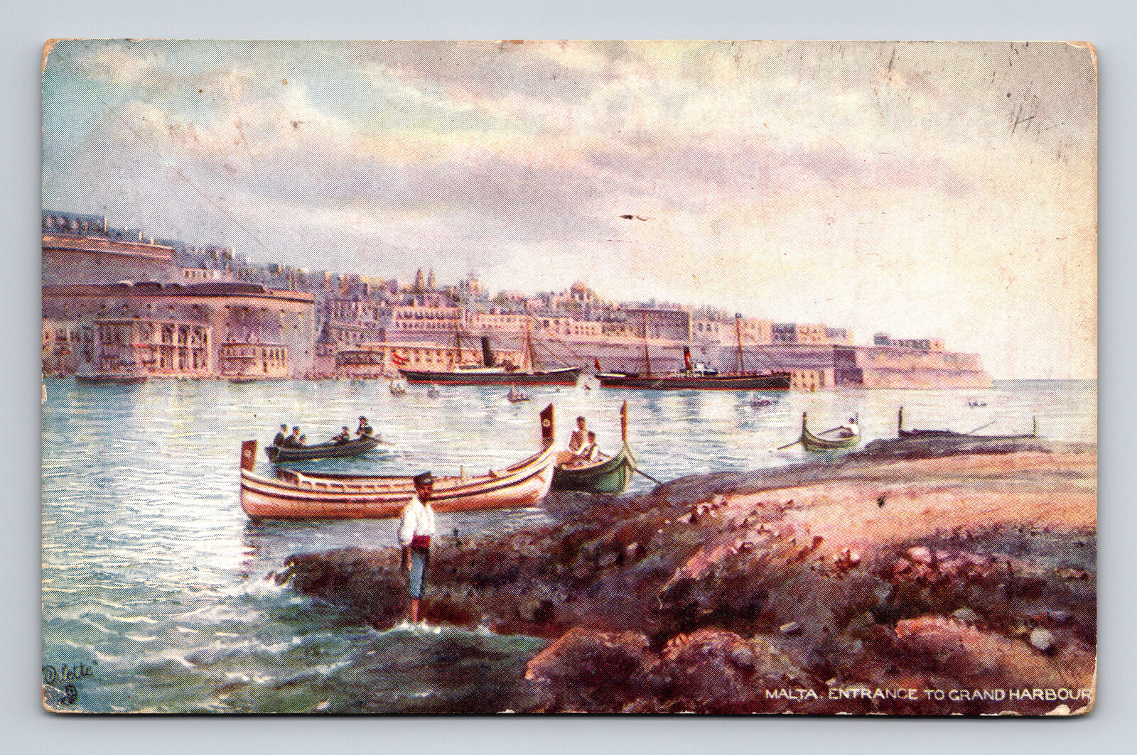 c1910 Malta Grand Harbor Boats Raphael Tuck's Oilette Postcard