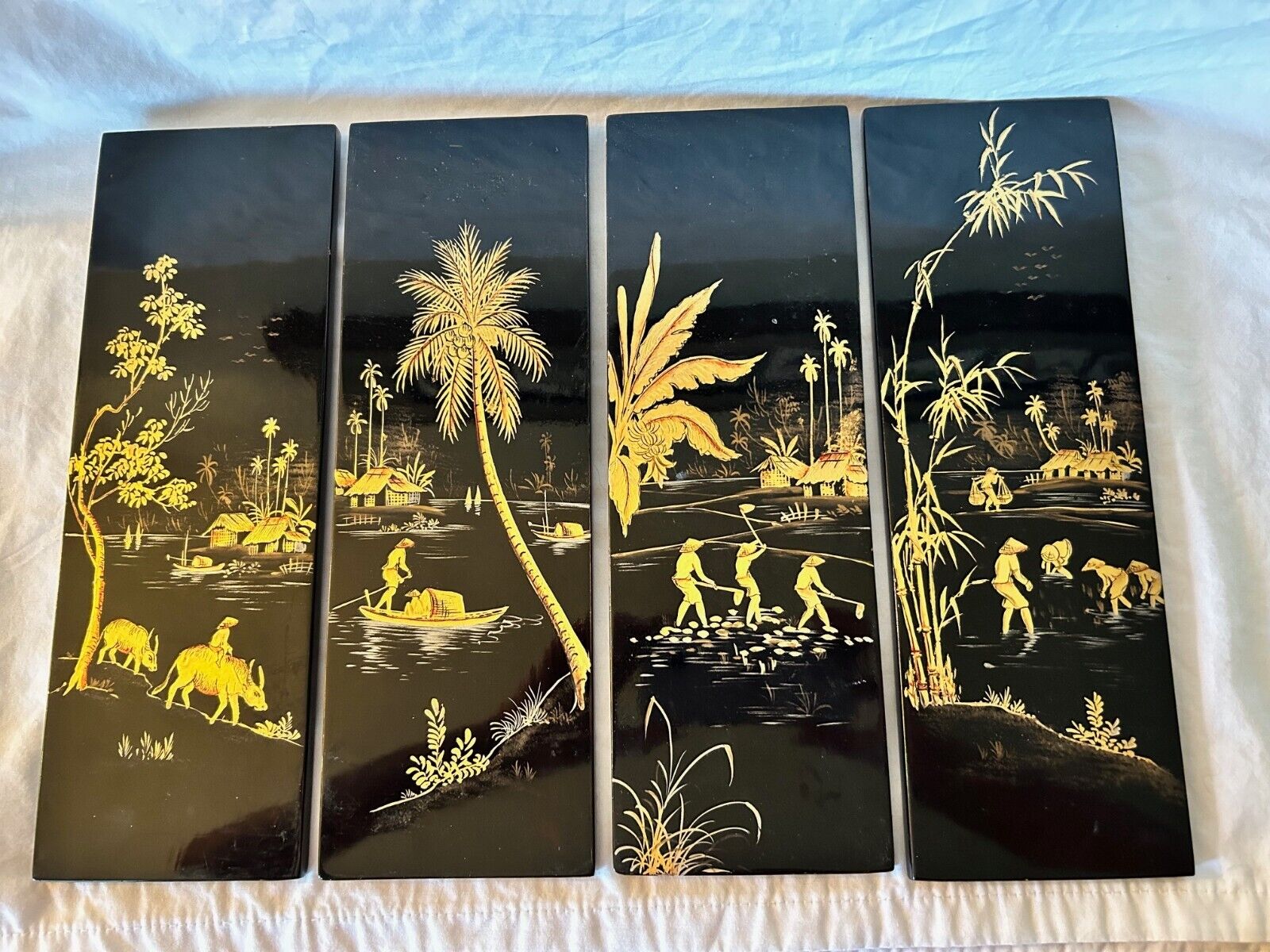 Set Of 4 Vintage Vietnamese Lacquer Hanging Wall Art Signed By Artist