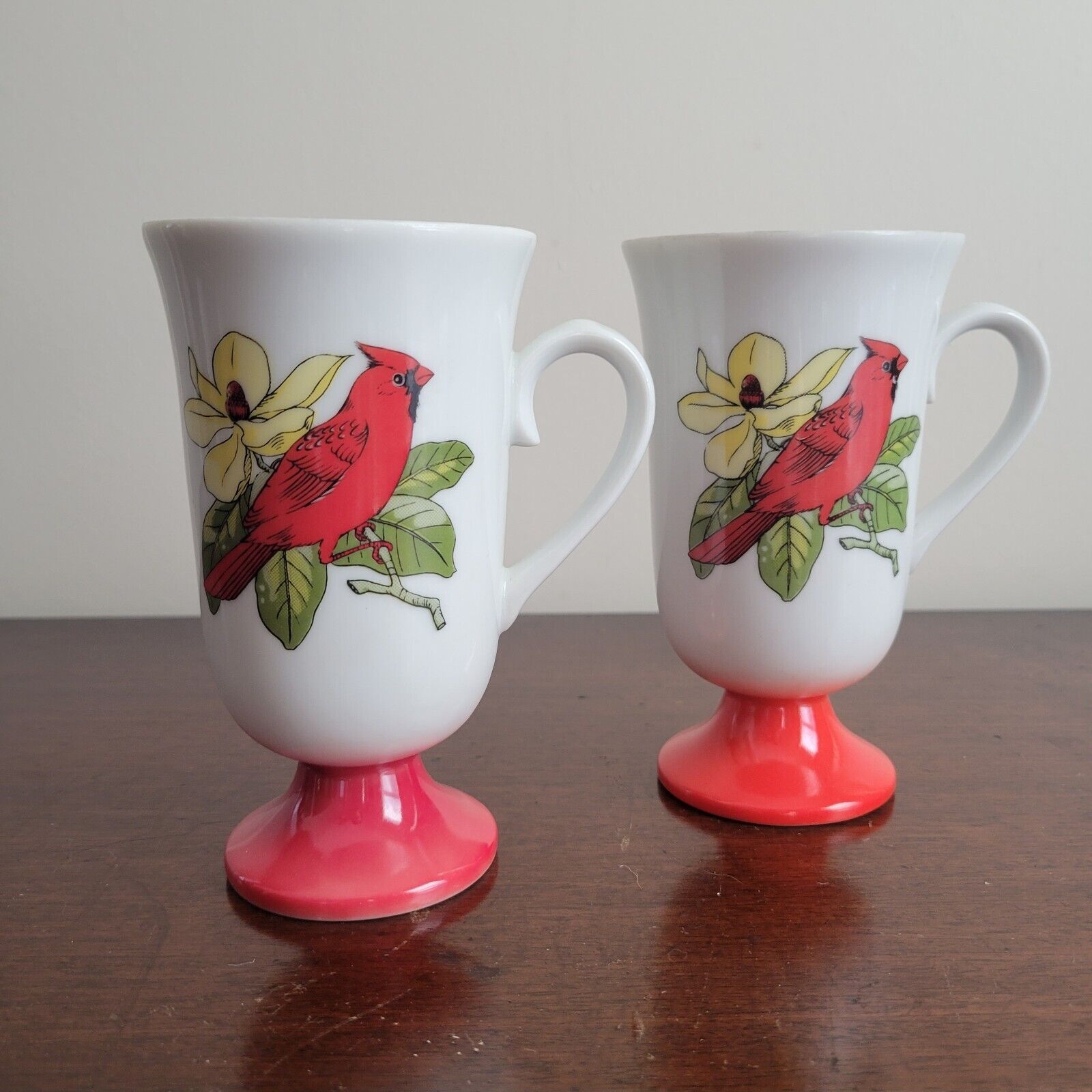 2 Fred Roberts 1960s Vintage Cardinal Songbird Irish Coffee Pedestal Mugs Cups