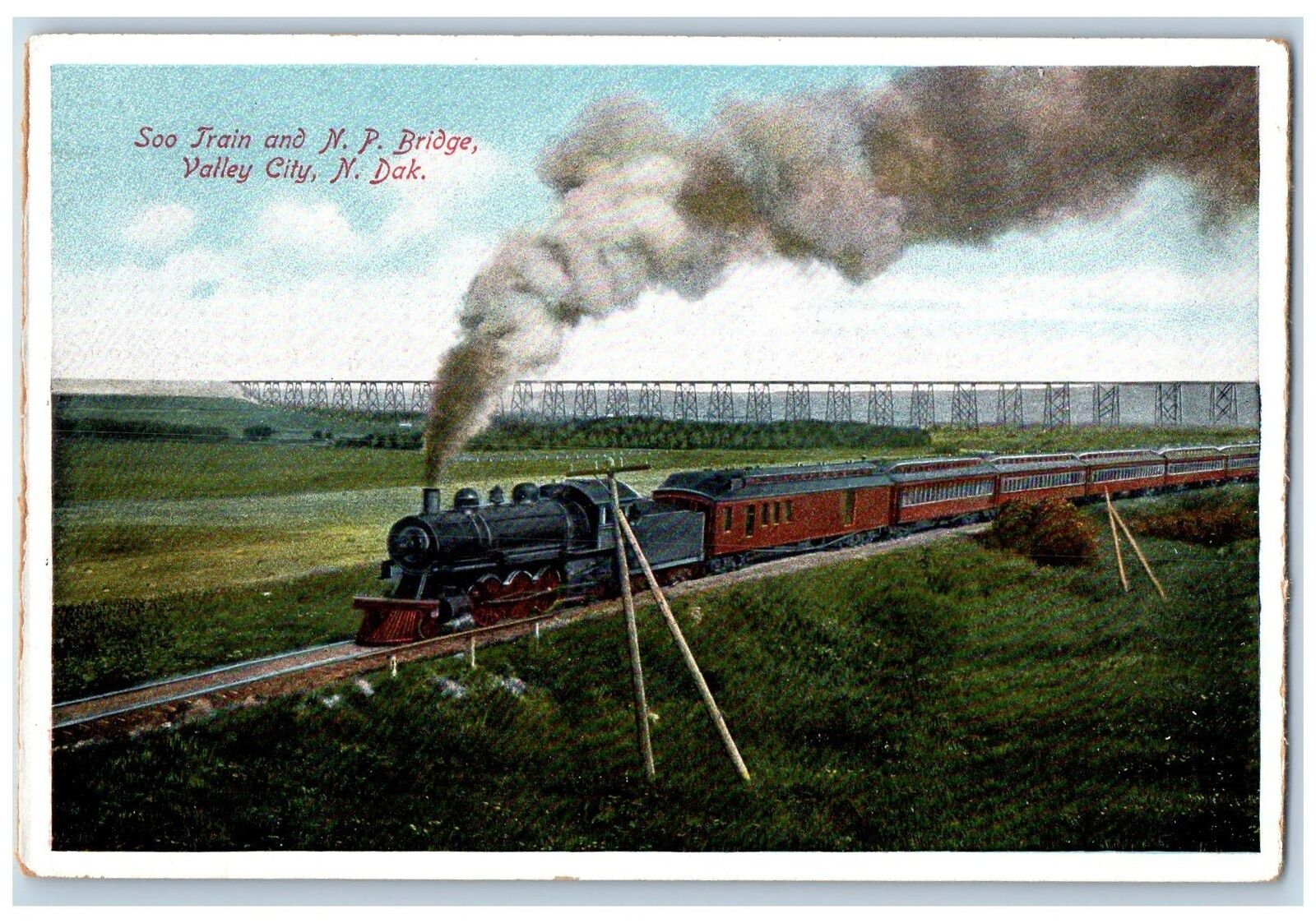 Valley City North Dakota ND Postcard Soo Train And North Pacific Bridge 1920's