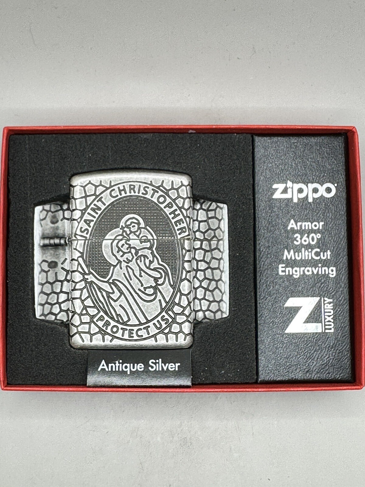 St Christopher MultiCut Engraved Antique Silver Armor Zippo Lighter NEW 49160