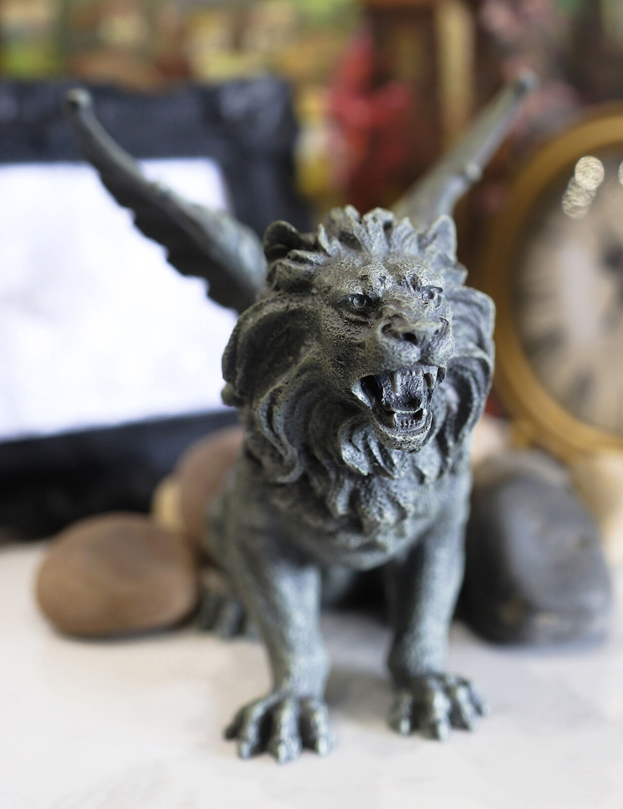 Ebros Gothic Winged Aslan Roaring Lion Battle War Cry Gargoyle Figurine 7\
