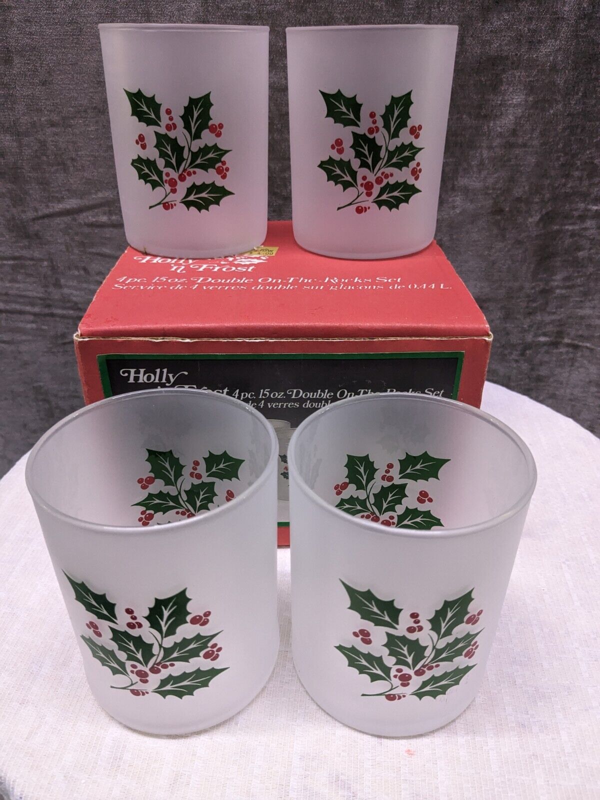 4 Vintage Indiana Glass Holly ’n Frost Double On the Rocks Christmas Glasses NEW