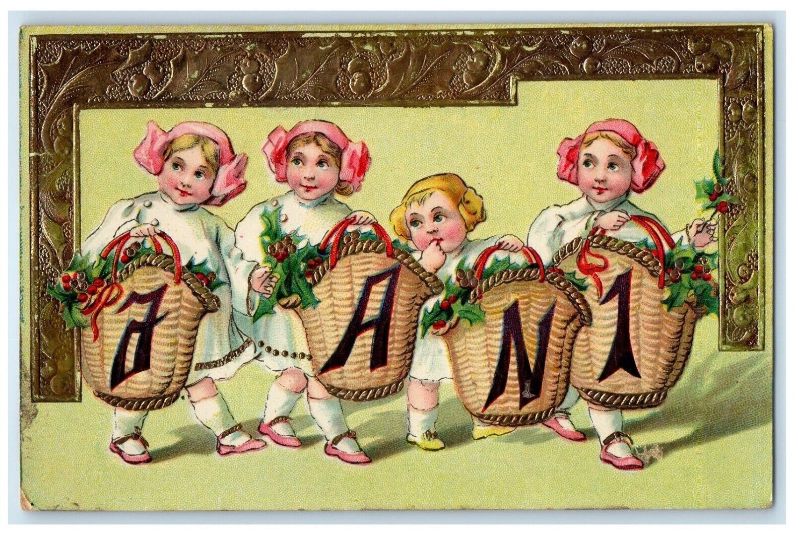 c1910's New Year Jan 1 Cute Girls Berries In Basket Gel Gold Gilt Postcard