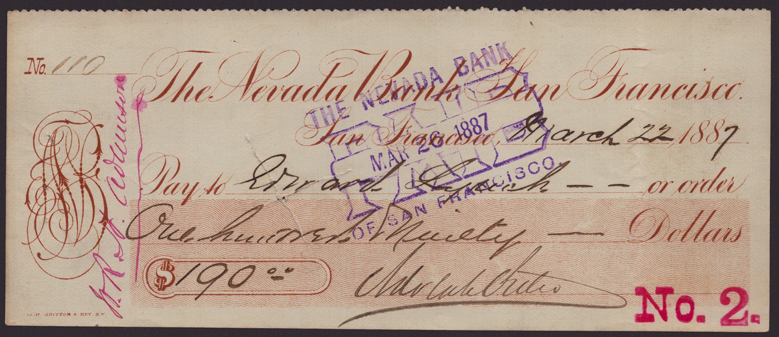 ADOLPH H. SUTRO - AUTOGRAPHED SIGNED CHECK 03/22/1887