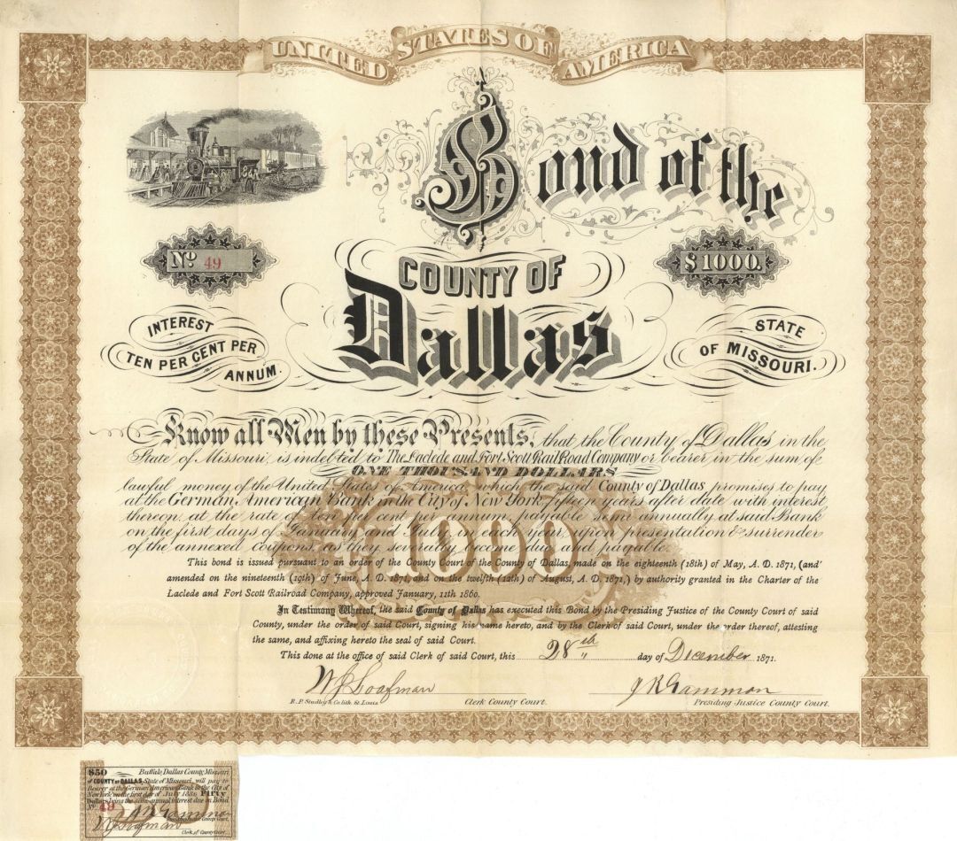 Bond of the County of Dallas County, Missouri - 1871 dated 10% $1,000 Dallas Cou