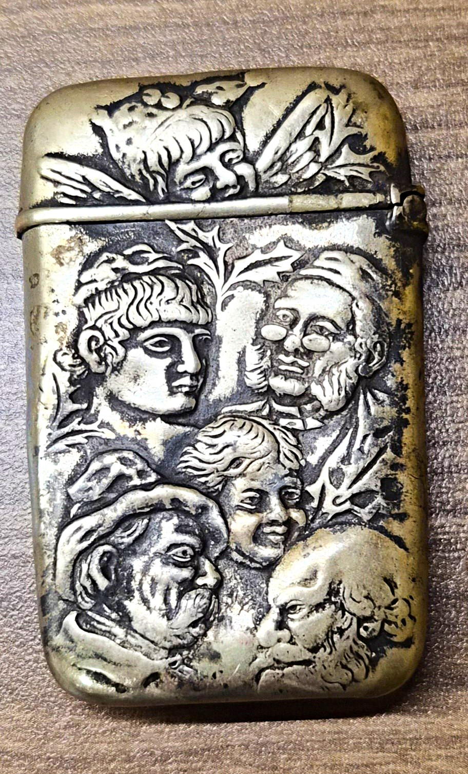 Antique Figural Faces Vesta Match Safe Repousse Winged Figure Unusual Design