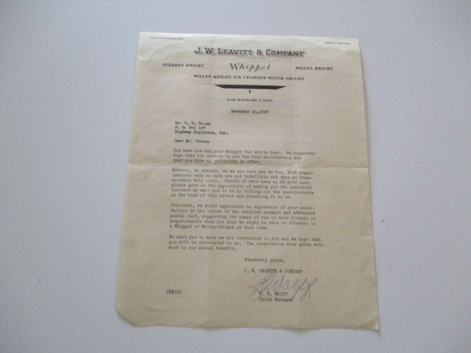 WILLYS KNIGHT SIX CYLINDER MOTOR TRUCKS 1929 WOLFF SIGNED LETTER LOS ANGELES CA
