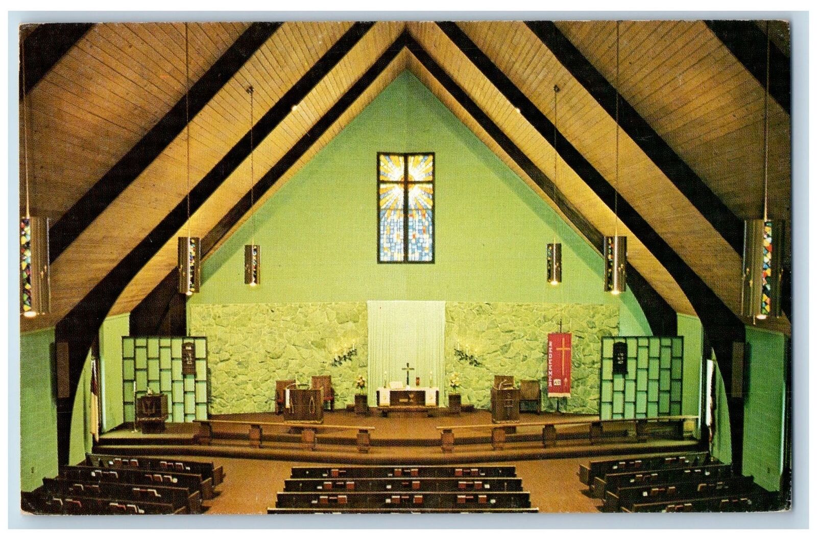 c1950's Waverly Iowa IA Redeemer Lutheran Church Interior Altar Benches Postcard