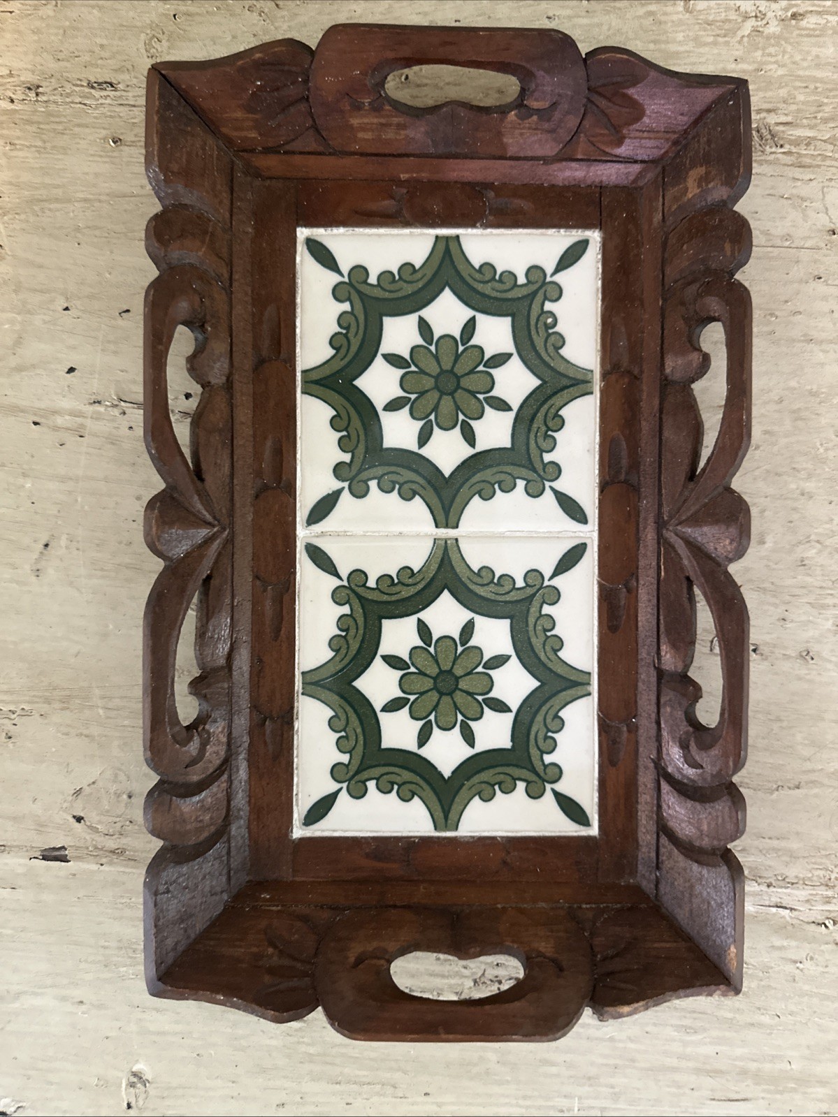 VTG Orion Monterrey Mexico Tile Tray Carved Wood Serving Tray Trivet Greens MCM