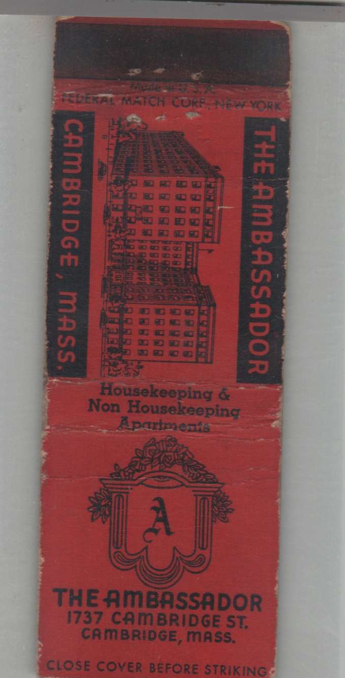 Matchbook Cover - Vintage Massachusetts The Ambassador Hotel Cambridge, MA