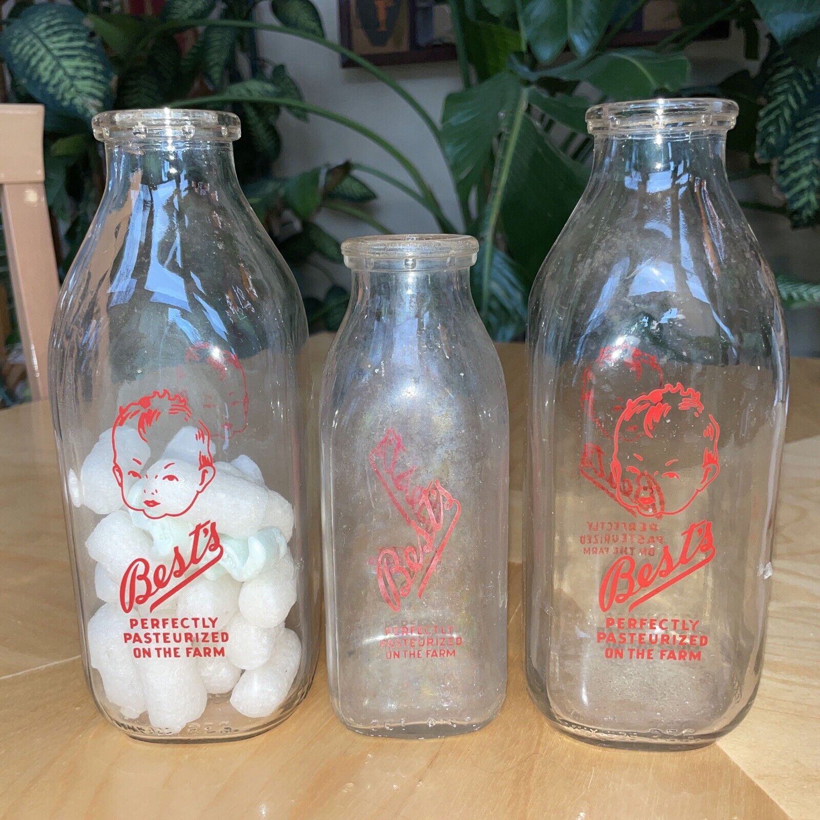 3 Vintage BEST’S Clear Glass Milk Bottles Dairy Farms Pasteurized 2 Qts 1 Pint