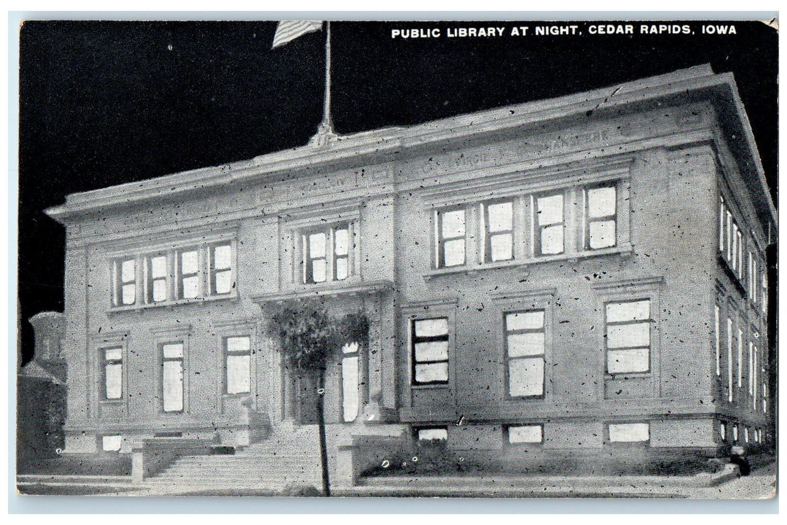 c1920's Public Library At Night Exterior Cedar Rapids Iowa IA Unposted Postcard
