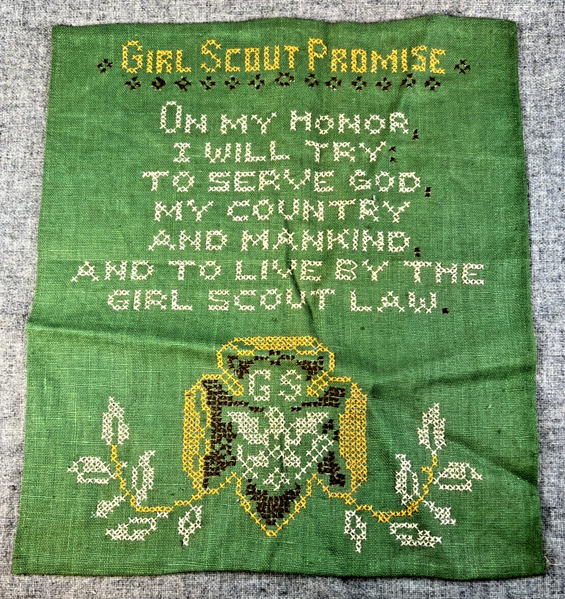 Vintage Girl Scout Promise Completed Cross Stitch Embroidery Sampler, 12\