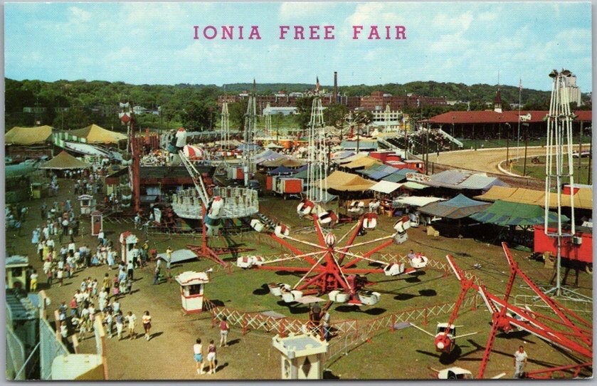 Vintage 1960s Ionia, Michigan Postcard IONIA FREE FAIR Midway / Rides View