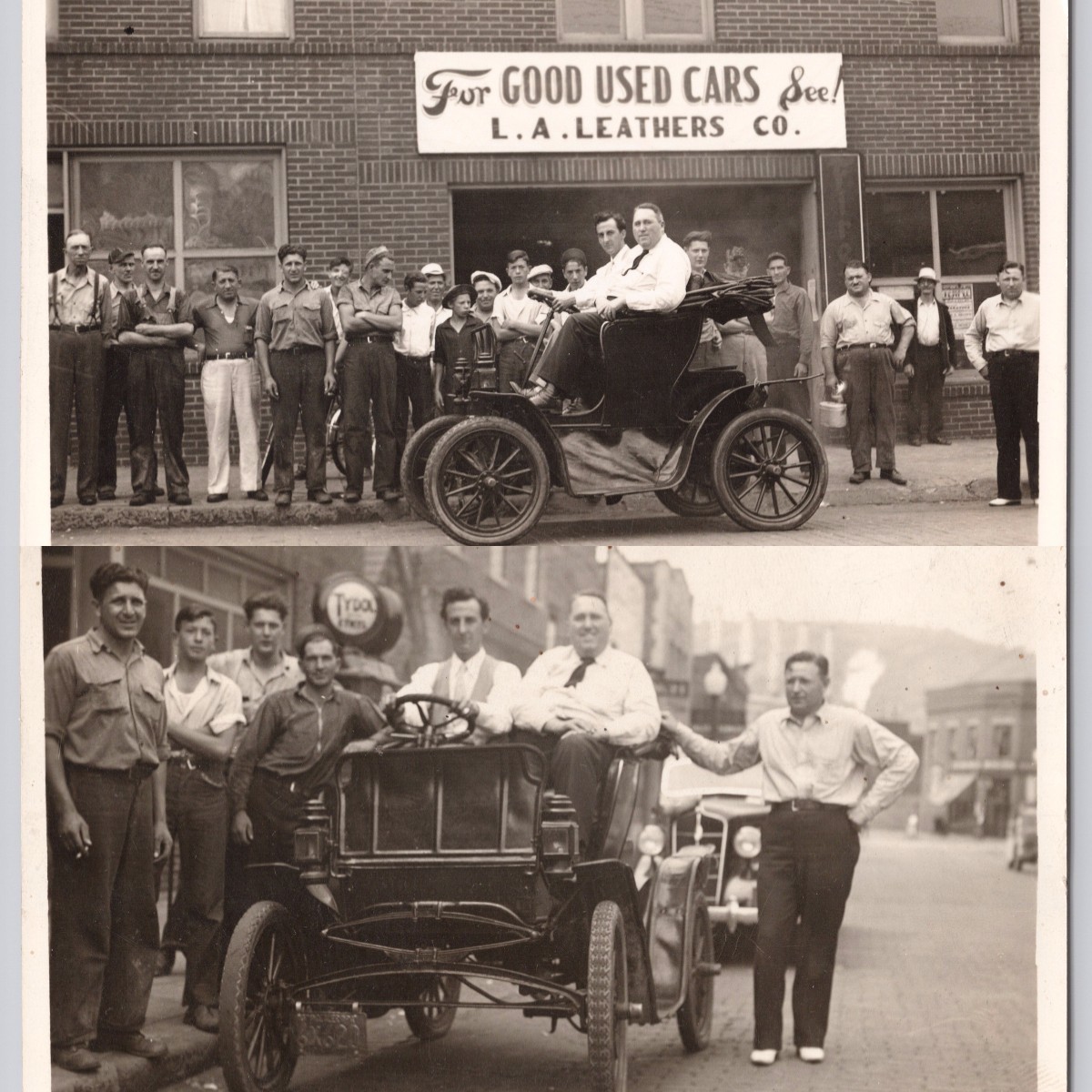 Two RPPC Brookville PA L.A. Leathers Used Car Dealer Ford Auto History Postcards