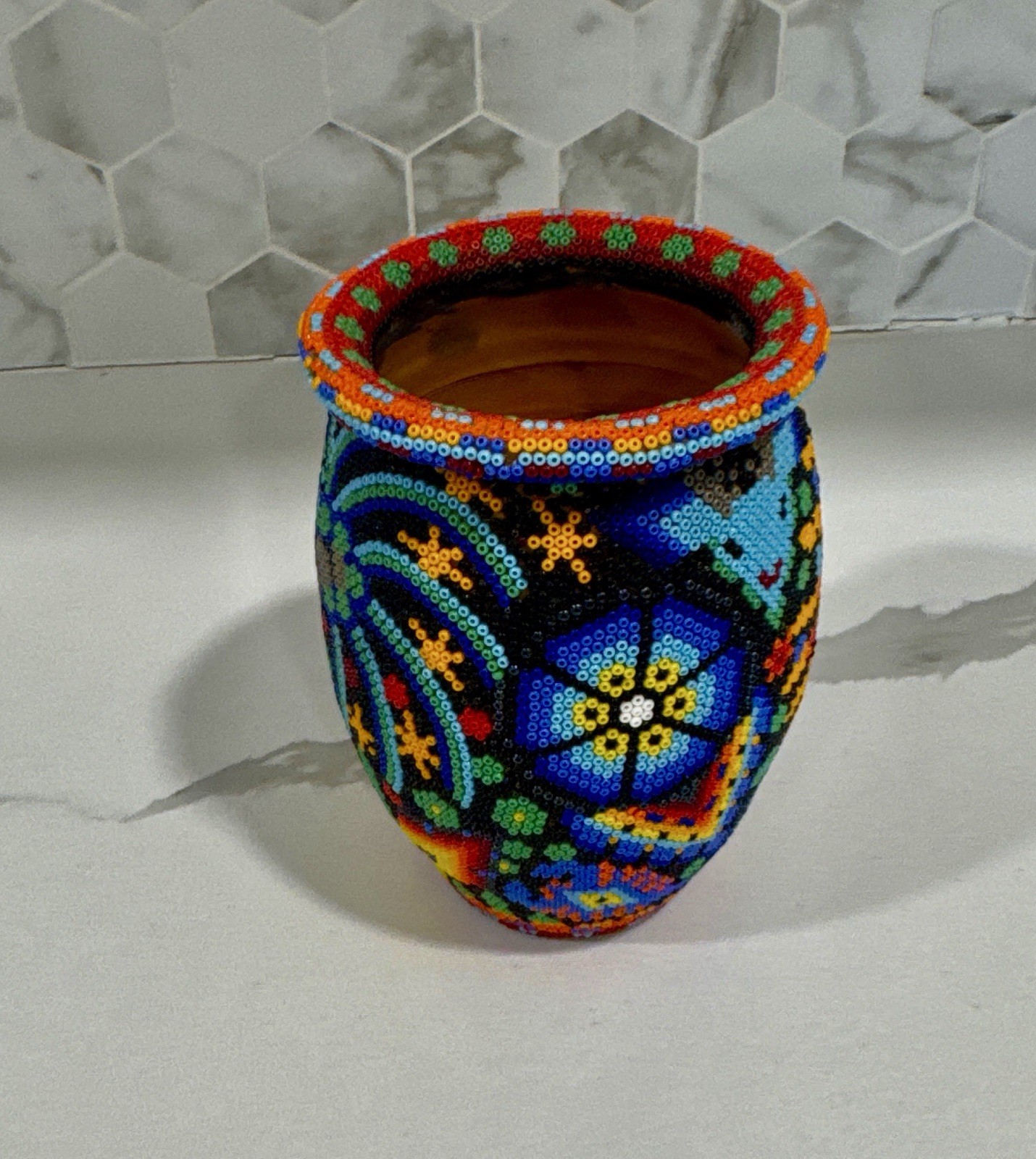 Vintage Authentic Huichol Indian Hand Beaded Vessel FolkArt Mexican Pottery Vase Vintage Authentic Huichol Indian Hand Beaded Vessel FolkArt Mexican Pottery Vase