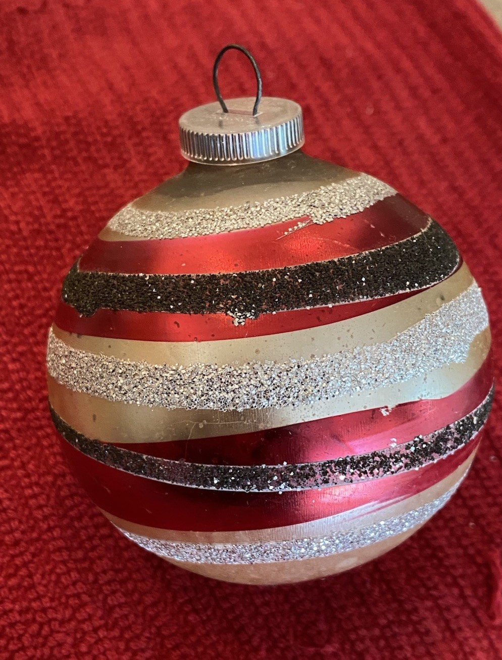 Glass Christmas Tree Ornament West Germany Glitter Red Striped Unique Vintage
