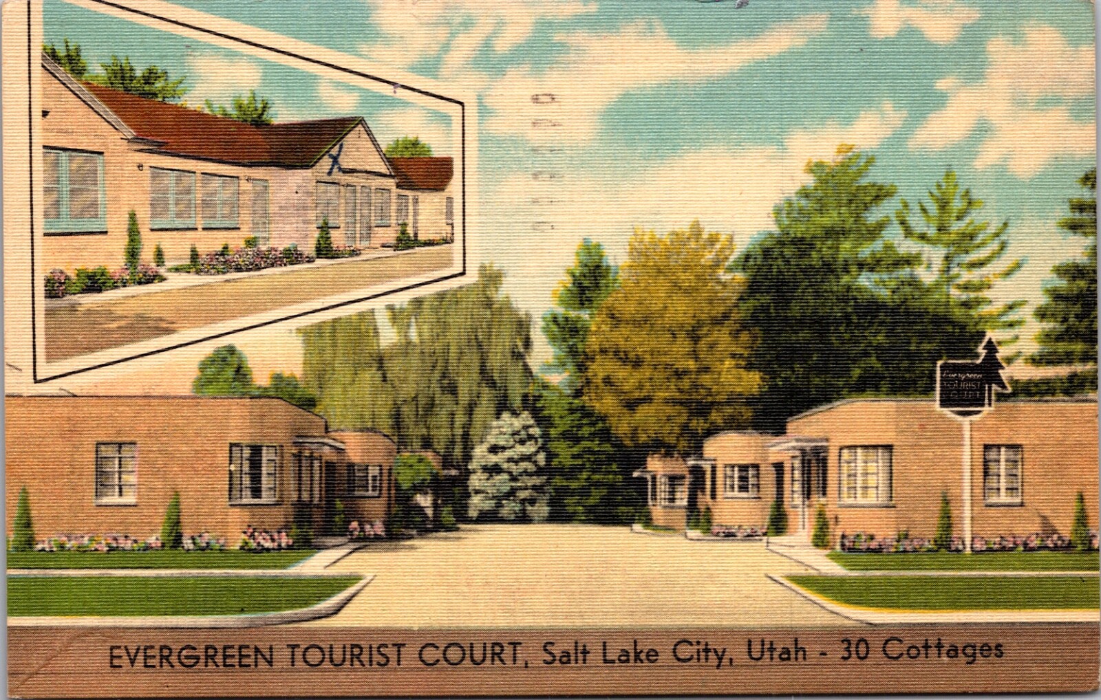 Linen Postcard Evergreen Tourist Court 2000 So. State St in Salt Lake City, Utah