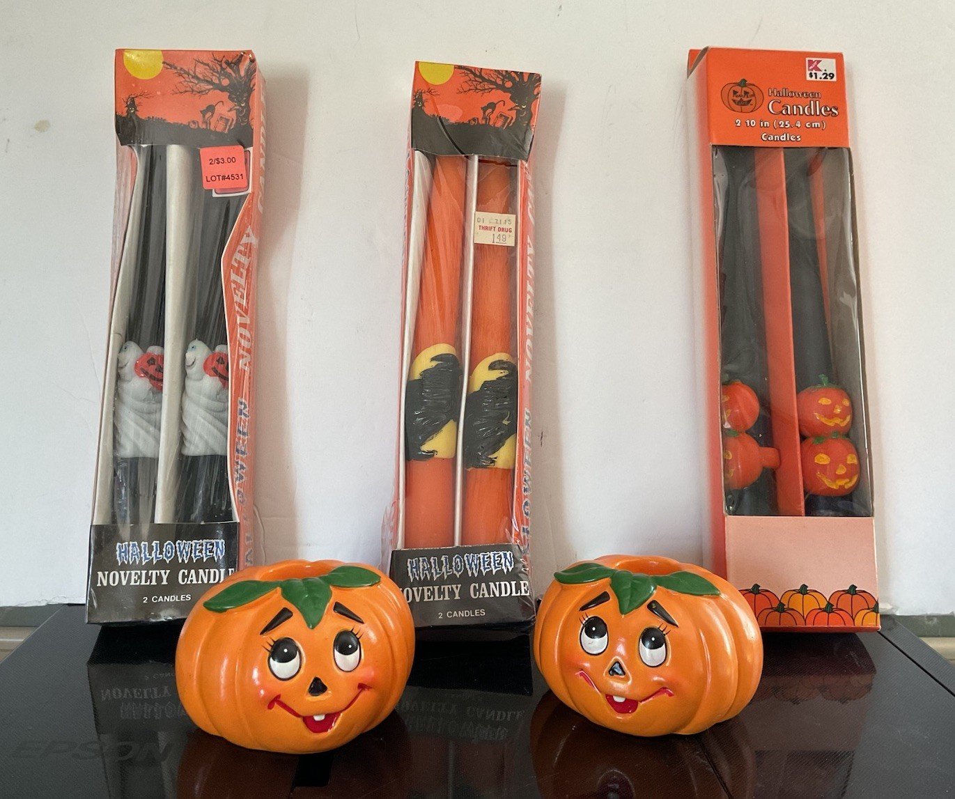 Vtg 1986 Geo Z Lefton Halloween Pumpkin Jack-O-Lantern Candle Holders & Candles