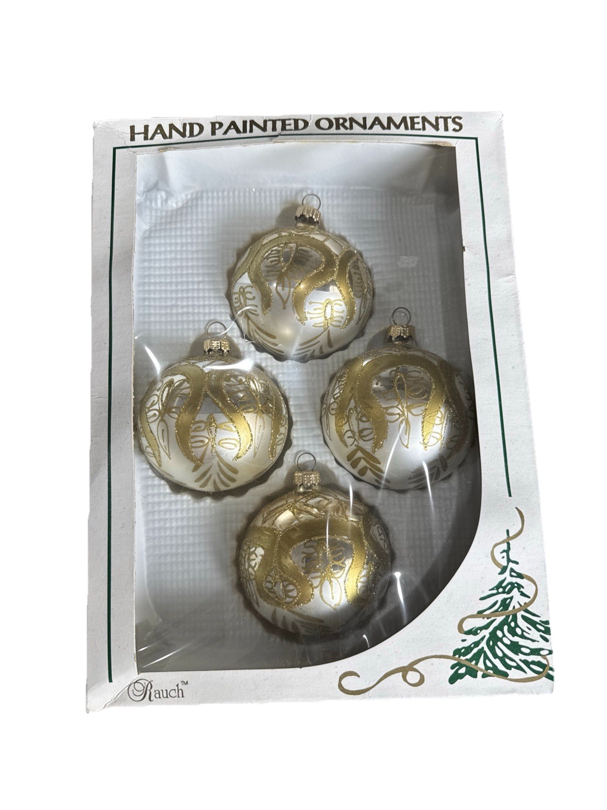 4 Vtg Handpainted Rauch Mercury Glass Gold Christmas Ornate Ornaments “R” On Cap