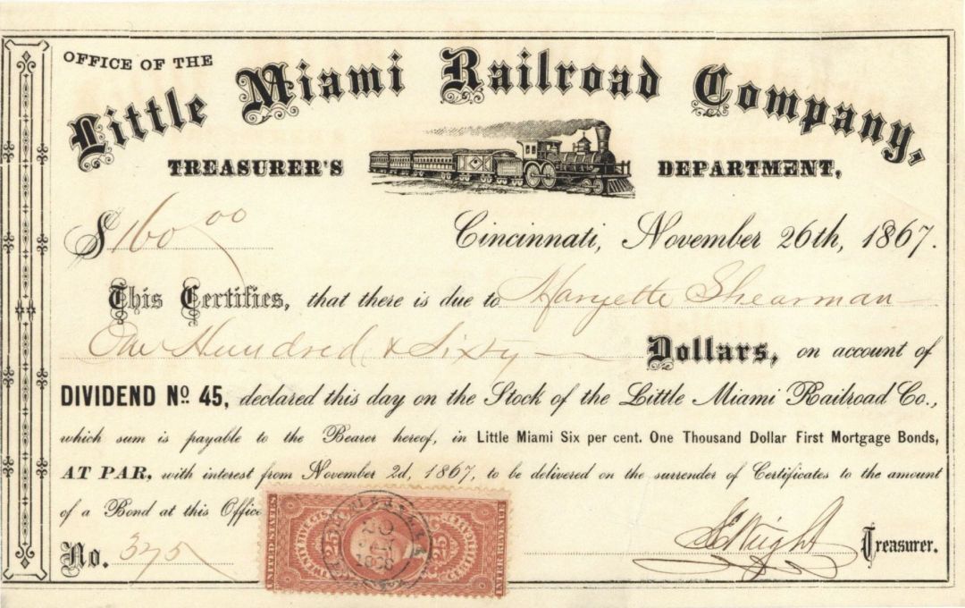 Little Miami Railroad Co. - Various Denominations Bond - Railroad Bonds