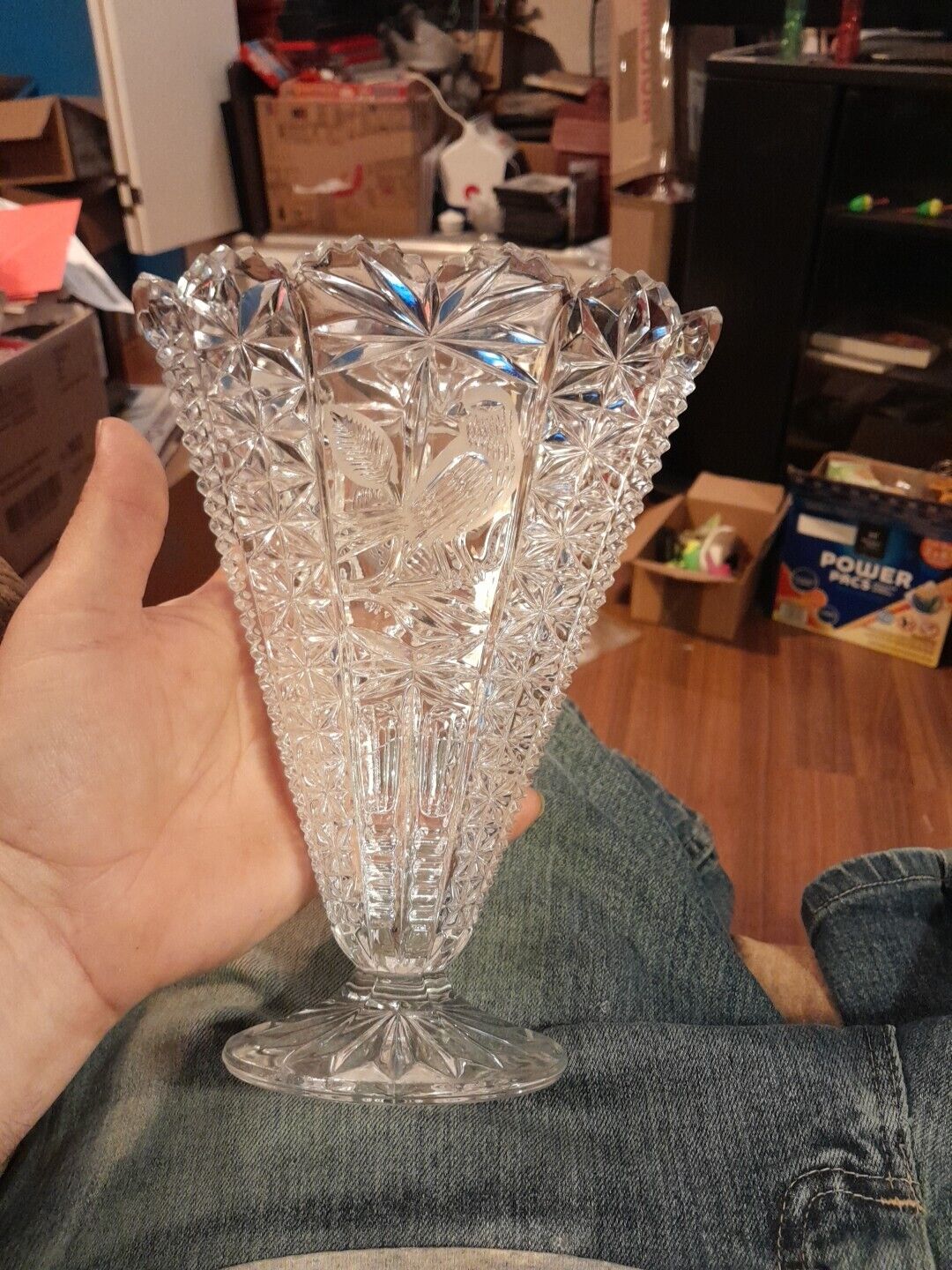 Vintage lead crystal Hofbauer Bleikristall V shaped vase w/ etched bird Germany