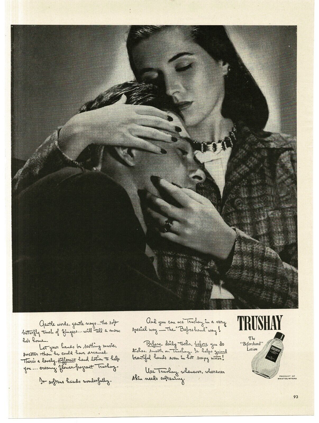 1945 Trushay Hand Lotion Cream Man Woman Romantic Hug Vintage Print Ad 1