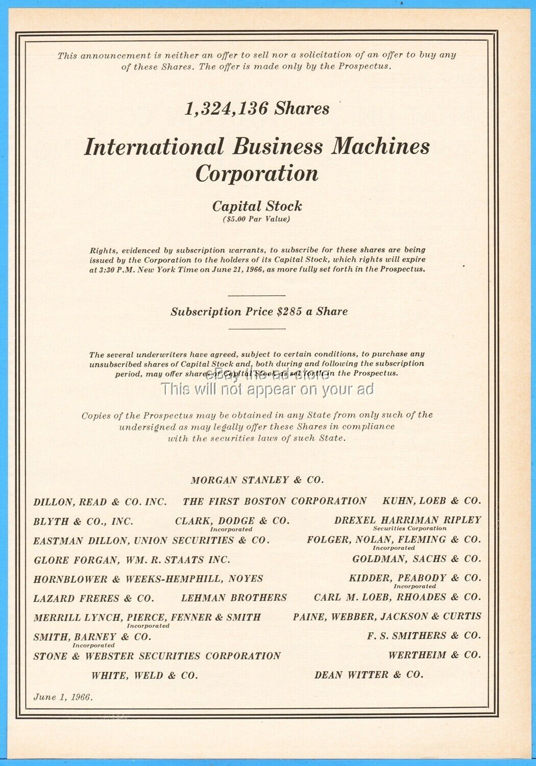 1966 IBM Capital Stock Offering $285 a Share International Business Machines Ad