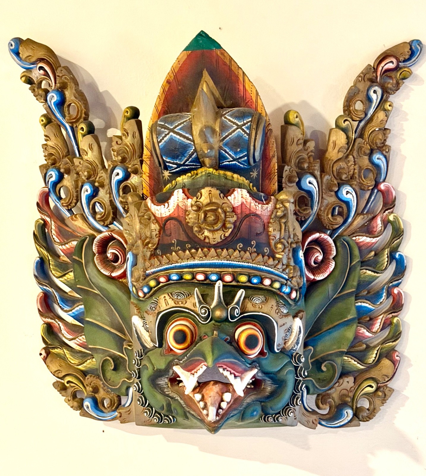 Large Vibrant Balinese Barong Hand Carved Wooden Mask Wall Decor-19 Inches tall Large Vibrant Balinese Barong Hand Carved Wooden Mask Wall Decor-19 Inches tall