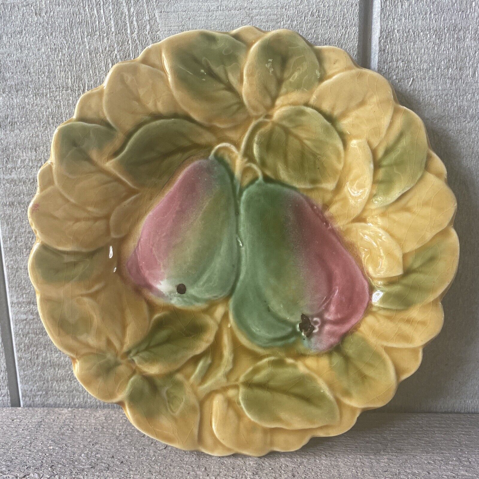 Antique Sarreguemines Majolica Made in France Pottery Fruit Salad Plate Pear 7”