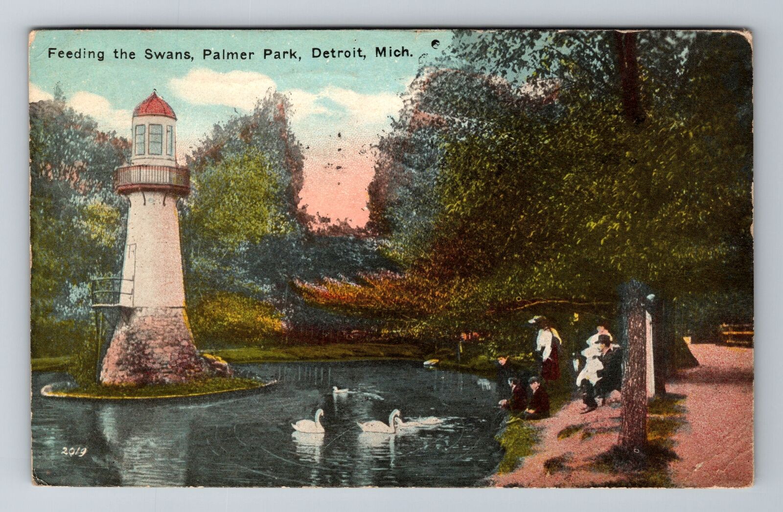 Detroit MI-Michigan, Feeding The Swans, Palmer Park, Vintage c1917 Postcard