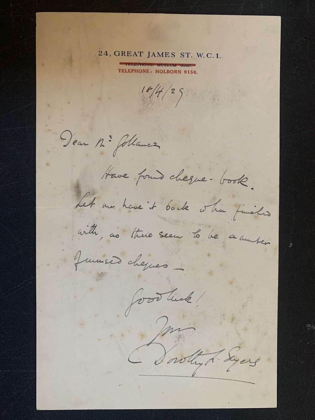 1929 Signed Dorothy Sayers Letter To Victor Gollancz Publisher